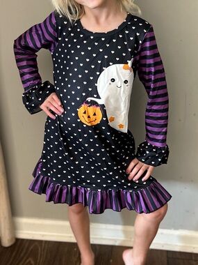 Girls Halloween Ghost & Pumpkin Dress - Black & Purple